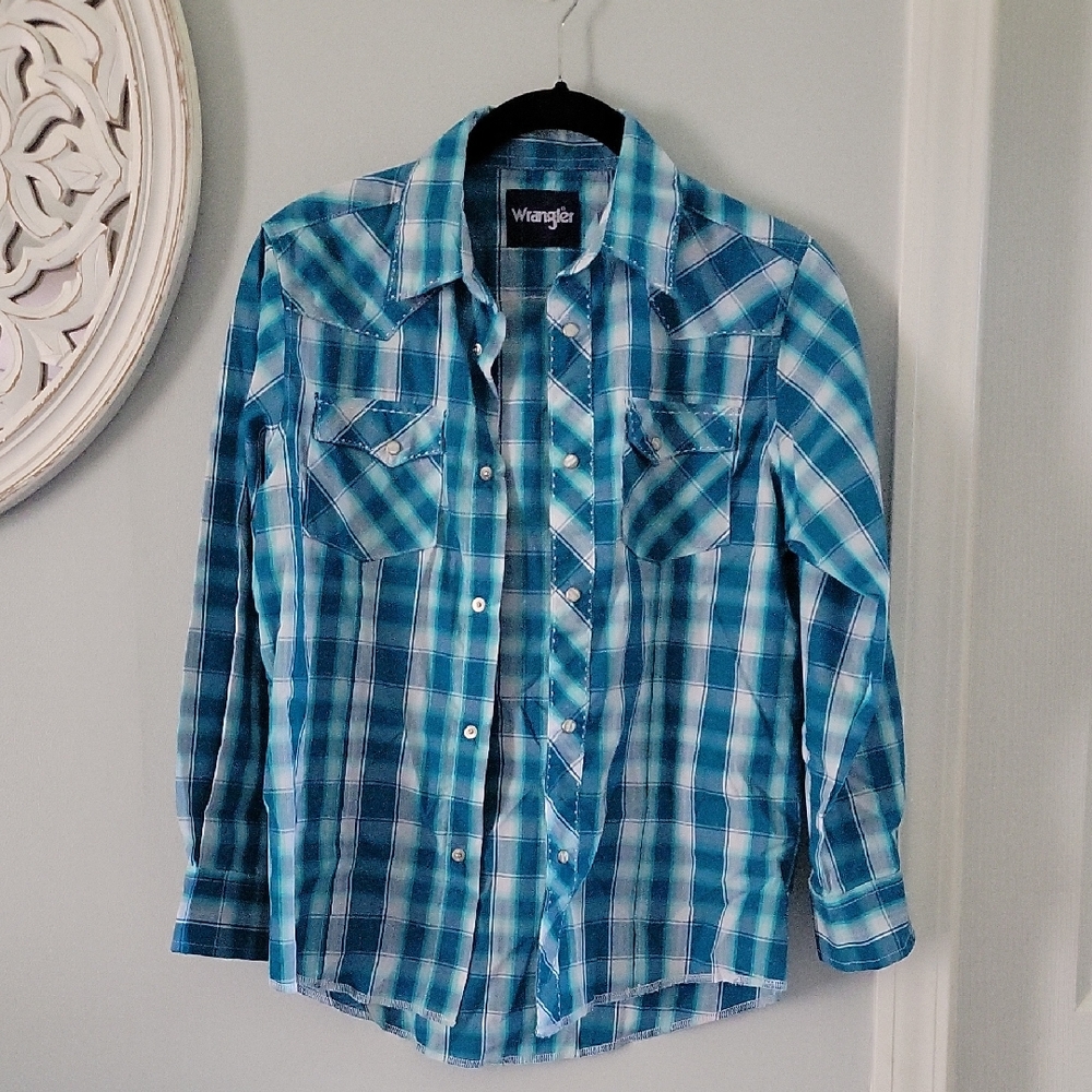 Boys Large Wrangler Teal and White Plaid Shirt. Pearl Snap